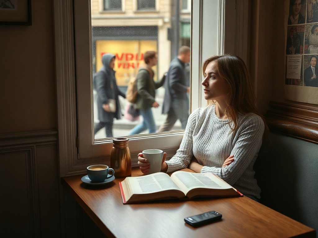 Женщина в кофейне смотрит в окно с книгой и чашкой, на улице проходят прохожие.